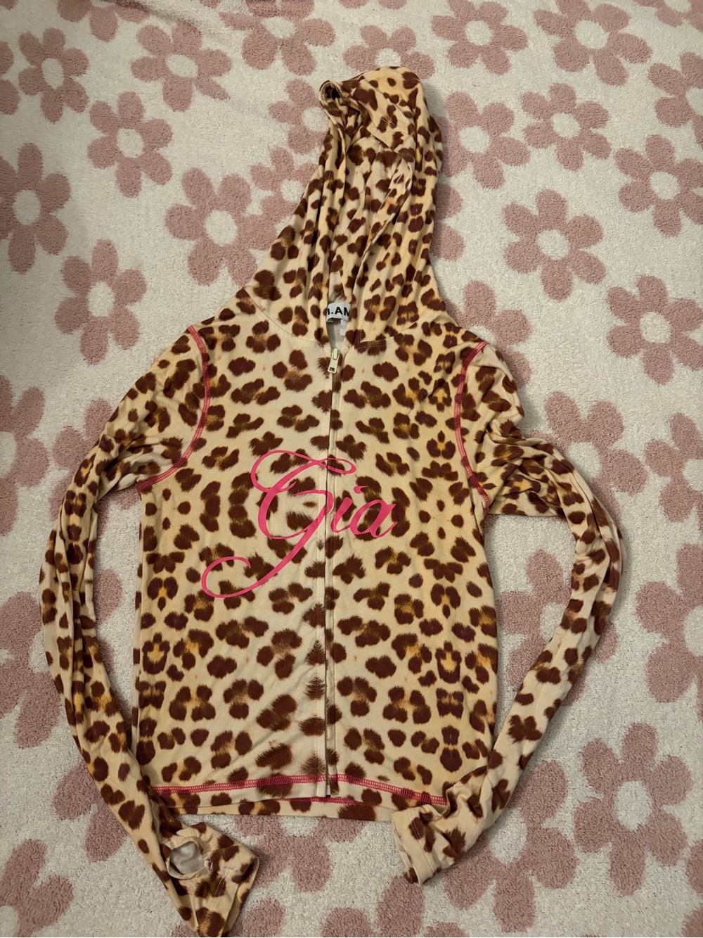 I.AM.GIA Leopard Print Hooded Zip-Up Top with Pink Script